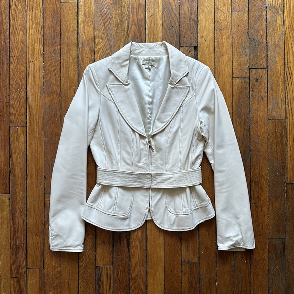 Vintage Cache White Belted Leather Jacket Women 6 Cream Y2K Glam Pop Runway